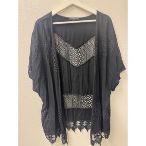 Signature Studio Black Lace Trim Kimono Cover Up‎ Rayon Blend